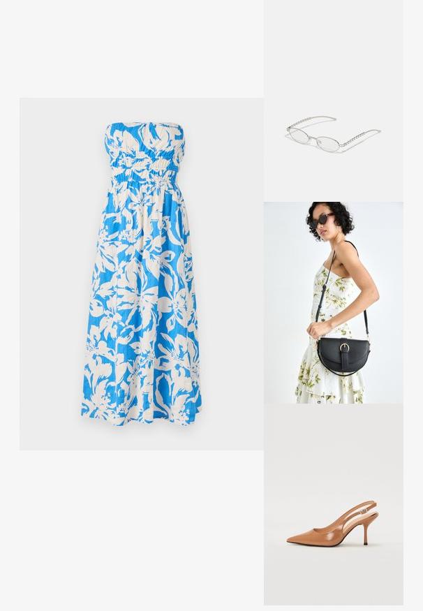 Strapless Maxi-Kleid in blau-weißer Blumenmusterung, mit einem gerüschten Oberteil und leichtem, strukturiertem Stoff.; Spitz zulaufender Slingback-Absatz aus einem glatten, glänzenden, tanfarbenen Material. Mit einem geschwungenen Ausschnitt-Design und einem schlanken Stiletto-Absatz. Silberne Schnallendetails.; Ovale Brillen mit einem metallisch-silbernen Rahmen, klaren Gläsern und strukturierten Perlenakzenten an den Bügeln. Leichtes Design mit gebogenen Bügeln.; Schwarze Lederhandtasche mit geschwungener Form, abnehmbarem Tragegurt und goldenen Beschlägen. Die Tasche verfügt über einen Deckel mit einer Schnallen-Details.; Silberner Doppelring mit einer glatten, polierten Oberfläche. Verfügt über ein fließendes, kurviges Design mit überlappenden Abschnitten für einen modernen Look.