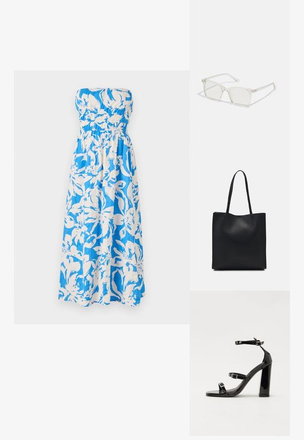 Strapless maxikjole i blåt og hvidt blomsterprint, med smocket bodice og let, struktureret stof.; Sorte patenterede hælsandaler med firkantet tå, ankelremme og sølvspænder. Har en chunky blokHæl for stabilitet.; Klare plastiske briller med firkantet ramme og gennemsigtige linser, der har guld accenter på tempelstængerne for ekstra detaljer.; Sort læder tote taske med glat tekstur, rektangulær form og to lange hanke. Ingen synlig hardware eller udsmykninger.