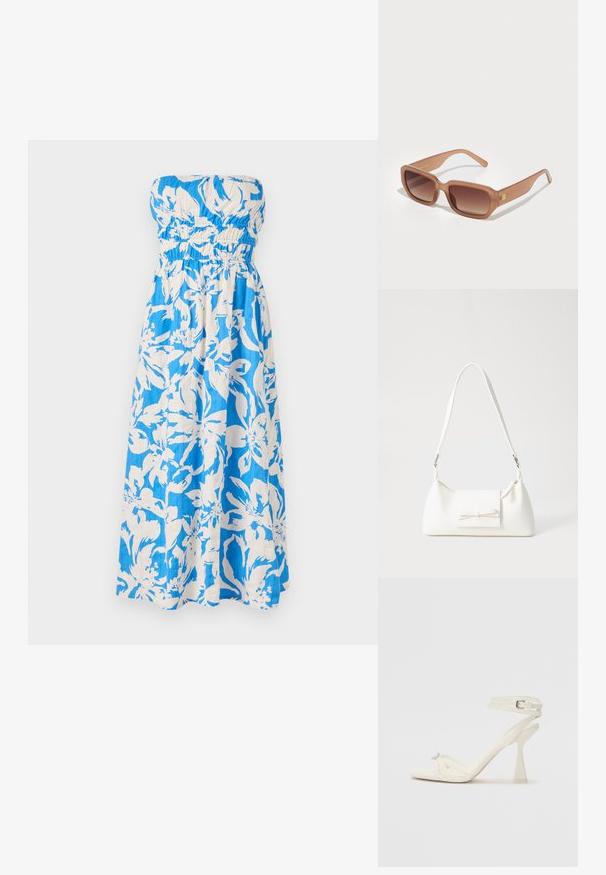 Olkaimaton maksimekko sinivalkoisessa kukkakuosissa, jossa on rypytetty bodice ja kevyt, teksturoitu kangas.; Valkoinen nahkainen strappisaapas, jossa on virtaviivainen muotoilu, läpinäkyvä lohko-osa ja koristeellinen elementti varpaassa.; Ruske su rectangularne sunčane naočale s gradijentnim staklima, debelim okvirom i logotipom sa strane. Glatki plastični materijal, minimalistički dizajn.; Valkoinen synteettinen käsilaukku, jossa on kolmikulmainen muoto, tasainen etu läppä ja nauhadetail, säädettävä olkahihna, sileä rakenne ja minimalinen muotoilu.