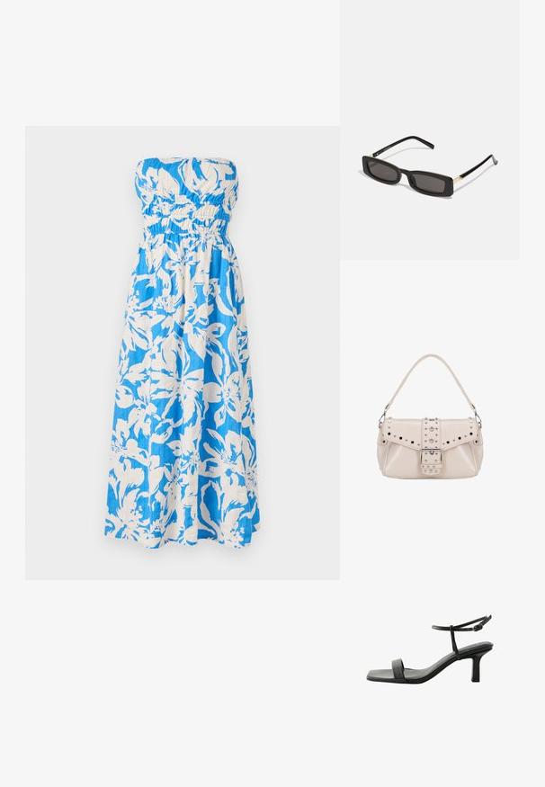 Maxi šaty bez ramínek v modro-bílé květinové vzoru, s nařasenou korzetovou částí a lehkým, texturovaným materiálem.; Next FOREVER COMFORT SIMPLE REGULAR FIT - Páskové sandály - black; Černé obdélníkové sluneční brýle s tmavými skly, lesklými plastovými rámy a zlatými akcenty na spáncích. Minimalistický design a štíhlý tvar.; Béžová kožená kabelka se strukturovaným tvarem. Obsahuje překlopnou klopu, stříbrné kovové detaily, hroty a ozdobný přezku na přední straně.