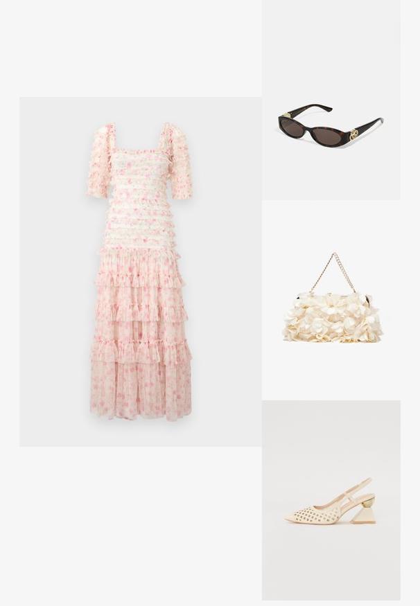Kwiatowa maxi sukienka z kwadratowym dekoltem, krótkimi bufkami, warstwowymi falbanami i jasnoróżowym odcieniem z rozrzuconymi wzorami kwiatowymi. Przezroczysty materiał.; Beżowe buty typu slingback z perforowaną cholewką, spiczastym noskiem i kontrastowym trójkątnym obcasem z złotym akcentem. Całość ma gładką fakturę.; Słoneczne okulary w kolorze żółwi z wydłużonymi owalnymi soczewkami, brązowym odcieniem, złotymi akcentami logo na zausznikach oraz smukłymi czarnymi ramionami.; Biała torebka kwiatowa z marszczoną powierzchnią z tkaniny, złotą łańcuszkową rączką i metalowym zapięciem. Posiada teksturowane płatki jako dodatkowy detal.