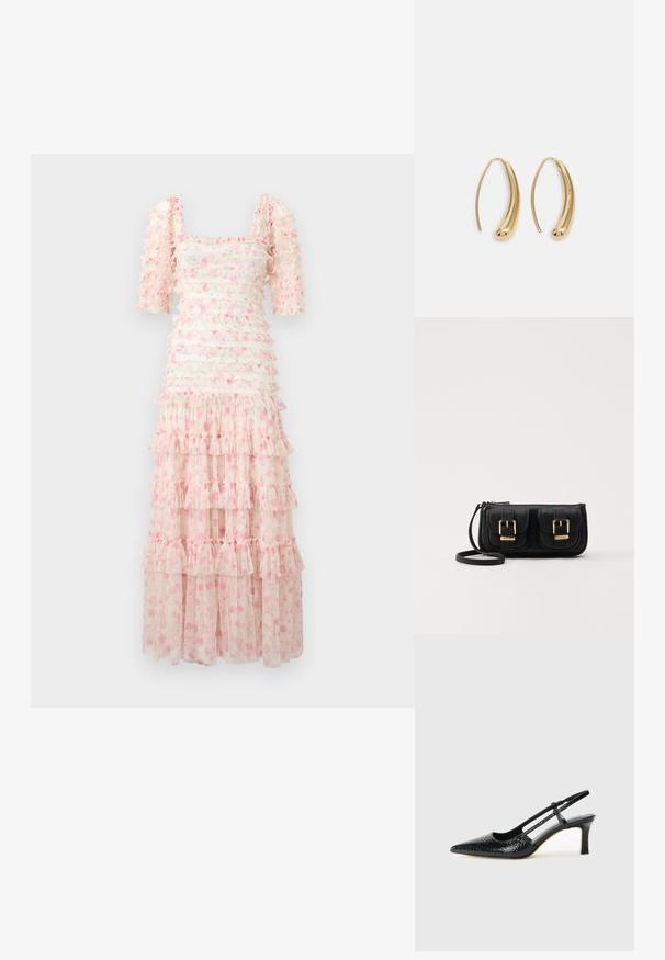 Rochie maxi florală cu decolteu pătrat, mâneci scurte bufante, volane stratificate și o nuanță roz deschis cu modele florale dispersate. Material transparent.; Pantofi cu toc slingback negri din patent, cu vârf ascuțit, cu imprimeu de șarpe texturat, curea ajustabilă și toc scurt texturat.; Geantă neagră din piele, tip crossbody, cu două buzunare frontale, catarame aurii, închidere cu fermoar și o curea subțire. Suprafață texturată și formă rectangulară compactă.; Cercei din metal auriu, cu un design curbat și alungit. Au o suprafață netedă și strălucitoare, cu un vârf rotunjit pentru un detaliu suplimentar.