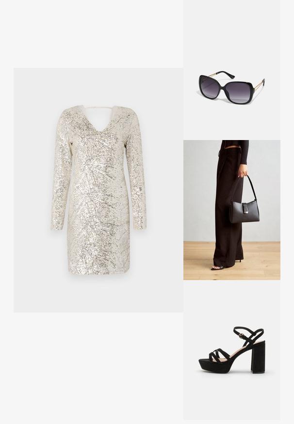 Lepelcsillogó ruha hosszú ujjakkal, V-nyakkivágással és nyitott hátrésszel. Ezüst és bézs árnyalatok ragyogó mintát alkotnak az egész ruhán.; Fekete velúr platform szandál, tömbsarokkal, keresztbe tett pántokkal és csatos bokapánttal a biztonságos illeszkedés érdekében.; Fekete, oversize napszemüveg fokozatos árnyalatú lencsékkel, vastag kerettel és arany színű lánc díszítéssel a szárakon.; Fekete kézi táska strukturált formával, sima textúrával és fémből készült záródással. Széles fekete nadrággal és nyitott orrú szandállal párosítva, fából készült padlón.