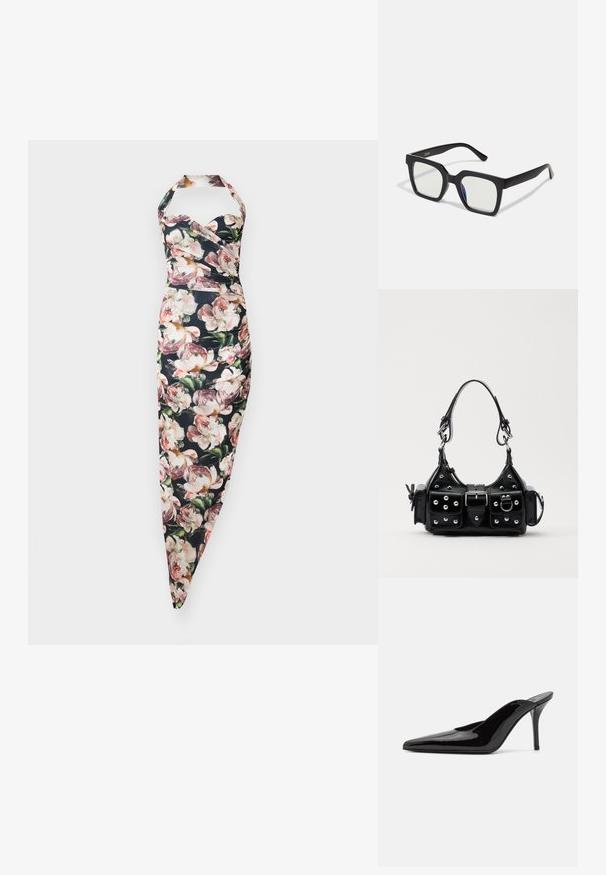 Blumenkleid mit Trägern, tailliertem Oberteil und schmal zulaufendem Rock, mit schwarzem Hintergrund und rosa Pfingstrosenmuster. Mischgewebe aus Baumwolle.; Schwarze Lackleder-Pumps mit hohen Absätzen, spitzer Zehenform und schlanker Silhouette, mit offenem Rücken und schlankem Stiletto-Absatz.; Schwarze quadratische Sonnenbrillen mit matter Oberfläche, die über transparente Gläser und einen leichten blauen Farbton auf einer Seite verfügen. Robustes, kantiges Design.; Schwarze Lederhandtasche mit einem geschwungenen Design, verziert mit silbernen Nieten, einer Schnalle und zwei seitlichen Taschen. Verstellbarer Träger für verschiedene Tragemöglichkeiten.