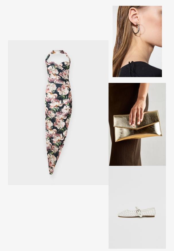 Vestido halter floral com corpete justo e saia afunilada, apresentando um fundo preto e padrões de peónias cor-de-rosa. Tecido misto de algodão.; Sapato plano branco com bico fino, adornado com tachas prateadas, apresenta uma tira com fivela sobre o peito do pé e uma sola castanha clara.; Bolsa de mão metálica dourada com uma textura suave, apresentando um fecho em aba triangular. A mão que a segura tem unhas bem cuidadas.; Brinco de argola prateada com acabamento polido, apresentando pequenos detalhes em dourado e uma forma redonda, usado na orelha.