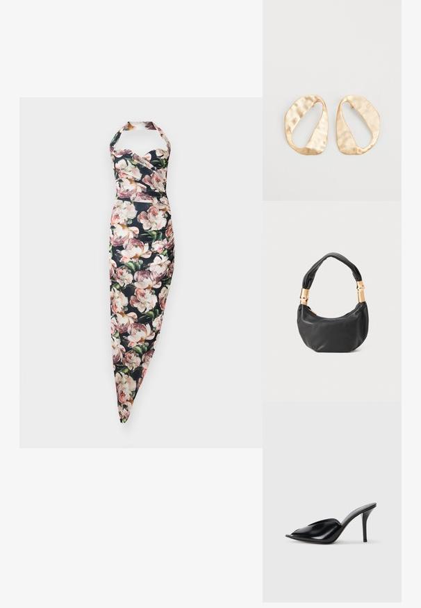 Kwiatowa sukienka na halkę z dopasowanym gorsetem i zwężającą się spódnicą, z czarnym tłem i różowymi wzorami piwonii. Tkanina z mieszanki bawełny.; Czarne skórzane mule na wysokim obcasie z odkrytym palcem, w szpiczastym designie, gładkiej teksturze i smukłym obcasie szpilce.; Czarna skórzana torebka o okrągłym kształcie, miękkiej fakturze i wiązanym uchwycie z akcentami w złotym odcieniu. Zamek błyskawiczny.; Para nieregularnych, owalnych kolczyków ze złotego metalu o teksturowanej, lekko młotkowanej powierzchni na białym tle.