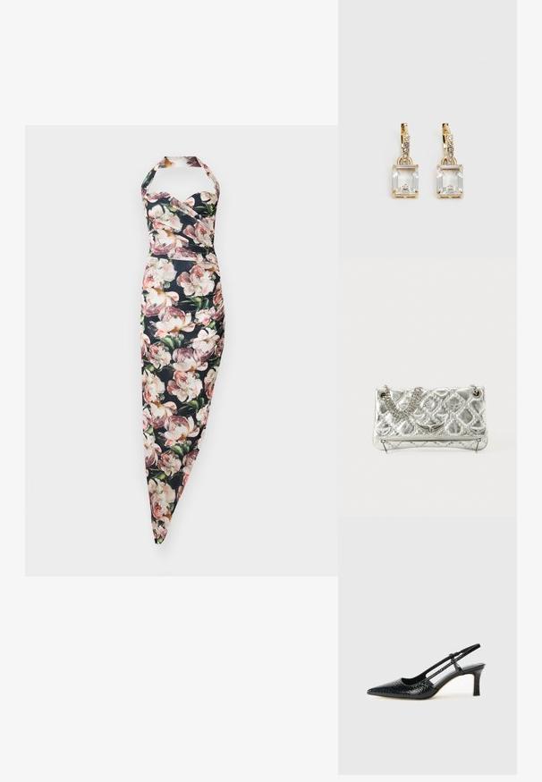 Blumenkleid mit Trägern, tailliertem Oberteil und schmal zulaufendem Rock, mit schwarzem Hintergrund und rosa Pfingstrosenmuster. Mischgewebe aus Baumwolle.; Schwarze Lack-Slingback-Pumps mit spitzem Zehenbereich, versehen mit strukturiertem Schlangenprint, verstellbarem Riemen und einem kurzen, strukturierten Blockabsatz.; Silberne metallische Handtasche mit Kettenhenkel, gestepptem Muster, dekorativer Naht und Reißverschluss. Verfügt über geprägte Akzente auf der Vorderseite.; Ohrringe in Goldfarbe mit einem rechteckigen, durchsichtigen Kristall, der unter einer Reihe kleiner, runder klarer Akzente hängt. Elegantes, modernes Design.