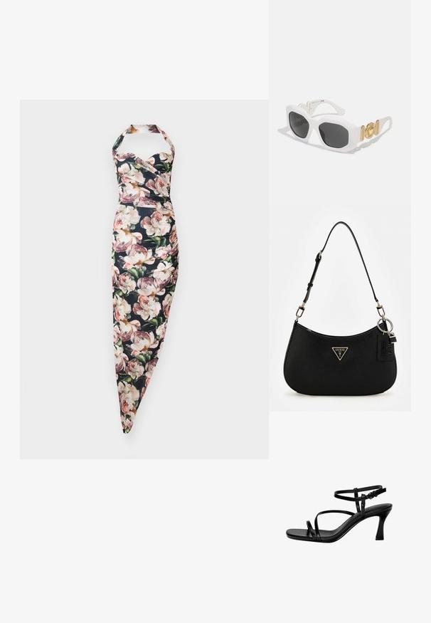 Cvjetna halter haljina s pripijenim gornjim dijelom i suženom suknjom, s crnom pozadinom i uzorcima ružičastih božura. Tkanina od mješavine pamuka.; Crne kožne sandale s potpeticom, s tankim trakicama, kvadratnim prstom i stiletto potpeticom. Podešavajuća traka oko gležnja za bolj fits. Glatka tekstura.; Bijele osmerokutne sunčane naočale s tamnim lećama. Značajke uključuju zlatne akcentne dijelove i teksturirani dizajn na ručkama.; Crna sintetika torba za rame s zakrivljenim oblikom, teksturiranim završetkom, zlatnim trokutastim logotipom i odvojivim hardverskim naglascima.