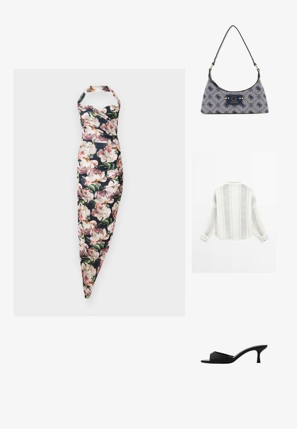 Kwiatowa sukienka na halkę z dopasowanym gorsetem i zwężającą się spódnicą, z czarnym tłem i różowymi wzorami piwonii. Tkanina z mieszanki bawełny.; Koszula z długimi rękawami w jasnoszarym i białym kolorze, z pionowymi paskami, kołnierzykiem i zapinanymi mankietami. Wykonana z teksturowanej, lekkiej tkaniny.; Czarne klapki na wysokim obcasie z szerokim, otwartym noskiem i zakrzywioną cholewką. Wykonane z teksturowanej tkaniny, z wąskim obcasem i gładką podeszwą.; Torba hobo w granatowym materiale z diamentowym wzorem, z okuciem z logo oraz gładkim paskiem na ramię. Teksturowana powierzchnia.