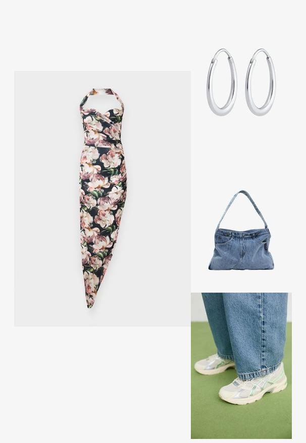 Robe halter fleuri avec un corsage ajusté et une jupe cintrée, présentant un fond noir et des motifs de pivoines roses. Tissu en mélange de coton.; Baskets en maille blanches et argentées avec des accents verts, portées avec un jean bleu ample, se tenant sur un sol en moquette verte.; Sac à épaule en denim avec une bandoulière courbée, deux poches avant et un dessus à bouton, comprenant un tissu bleu clair et des détails de couture contrastés.; Boucles d'oreilles en argent en forme de créole avec une finition lisse et polie. Caractéristiques d'une forme ovale unique et d'un design de fermoir sécurisé. Marquées "925" pour l'argent sterling.