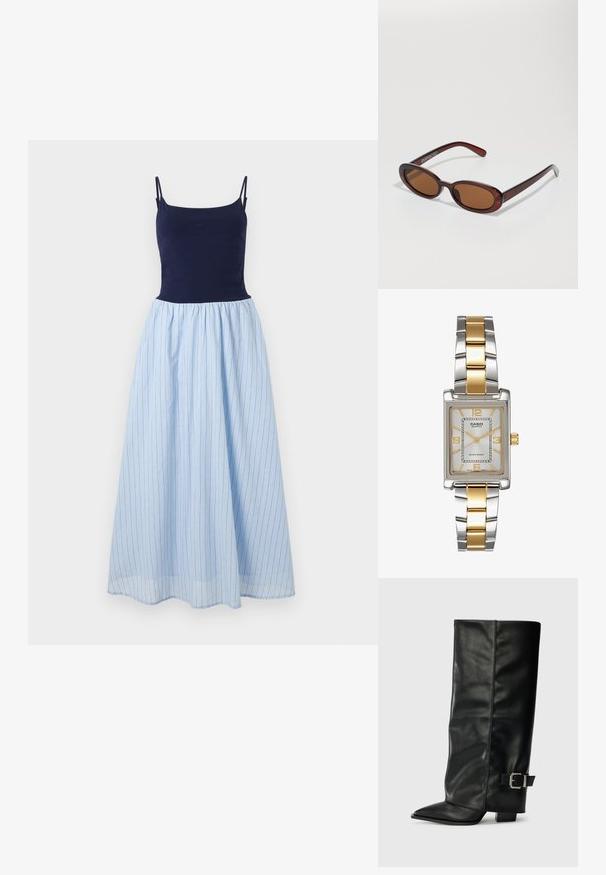 Sømløs kjole med en tettsittende marineblå topp og en lett blåstripet kjolefor. Skjørtet har vertikale striper og en rynket midje.; Svarte lær ankelstøvler med spiss tå, glatt tekstur og en sølvspenne aksent på siden. Kraftig firkantet hæl.; Runde, brune solbriller med en blank burgunderfarvet ramme. Slanke arme med subtile brandingdetaljer. Flad linse design.; Casio kvartsur med rektangulær sølvskive, gull detaljer og et to-farget metallarmbånd i sølv og gull. Vanntett egenskap.