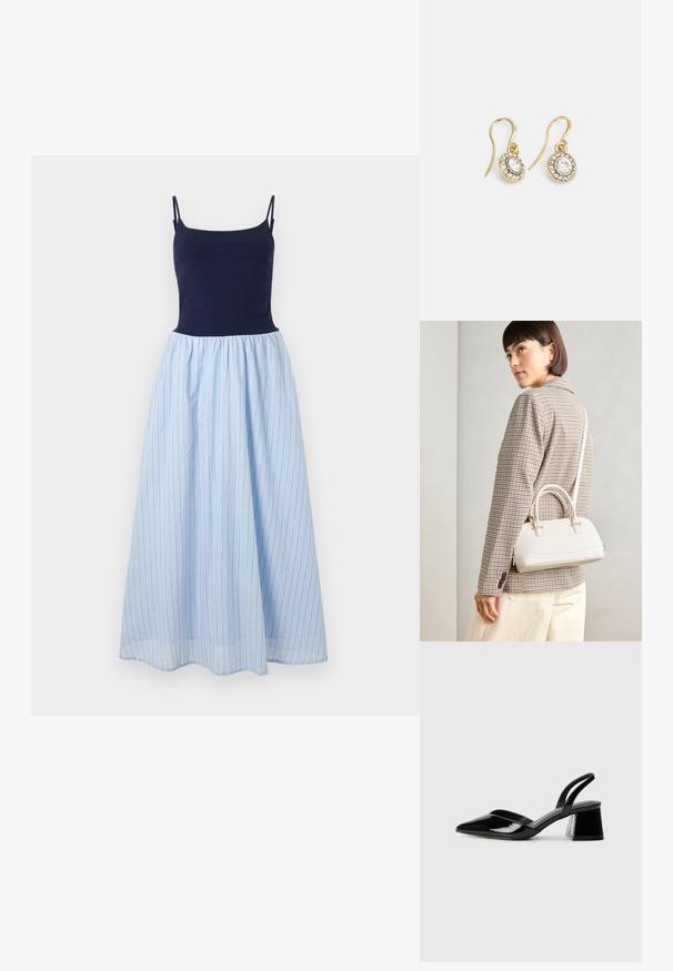 Šaty bez rukávov s priliehavým námorníckym topom a voľnou svetlomodrou pruhovanou sukňou. Sukňa má vertikálne pruhy a nariasený pasek.; Čierne lakované kožené sandálové podpätky s špicatou špičkou a geometrickým blokovým podpätkom. Disponujú elegantným, minimalistickým dizajnom a hladkým povrchom.; Biela štruktúrovaná kabelka s krátkymi rúčkami a ramenným popruhom, s zlatými kovovými prvkami a textúrovaným materiálom, vystavená na šedom pozadí.; Náušnice zlatého odtieňa s oválnymi čírymi kryštáli obklopenými menšími čírými kameňmi, s háčikovým dizajnom pre bezpečné nosenie.