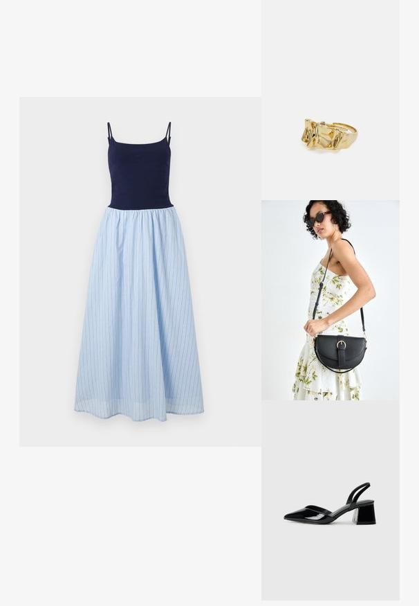 Šaty bez rukávov s priliehavým námorníckym topom a voľnou svetlomodrou pruhovanou sukňou. Sukňa má vertikálne pruhy a nariasený pasek.; Čierne lakované kožené sandálové podpätky s špicatou špičkou a geometrickým blokovým podpätkom. Disponujú elegantným, minimalistickým dizajnom a hladkým povrchom.; Čierna kožená kabelka s zaobleným tvarom, odnímateľným popruhom a zlatými doplnkami. Kabelka má klopu s detailom s prackou.; Zlatý prsteň s textúrovaným, vlnitým dizajnom, ktorý má tri výrazné vrcholy. Hladký, lesklý povrch a otvorený pásik pre nastaviteľné prispôsobenie.