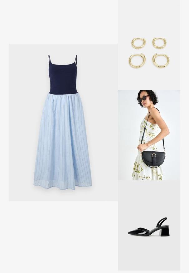 Abito senza maniche con un top aderente blu navy e una gonna fluida a strisce azzurro chiaro. La gonna presenta strisce verticali e una vita arricciata.; Décolleté in vernice nera con punta affusolata e tacco in geometria cubica. Presentano un design elegante e minimalista, con una texture liscia.; Borsa a tracolla nera in pelle con una forma curva, manico rimovibile e accessori dorati. La borsa presenta una patta con un dettaglio a fibbia.; Orecchini a cerchio dorati, quattro pezzi, finitura liscia, design arrotondato, di diverse dimensioni, con chiusura a cerniera per un facile utilizzo.