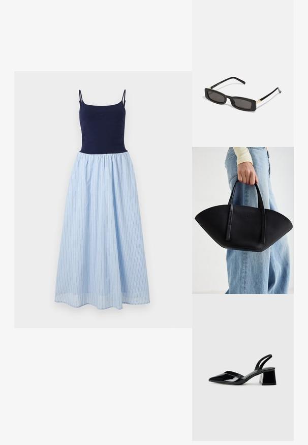 Obleka brez rokavov z oprijetim mornarsko modrim vrhom in zračnim svetlobno modrim črtastim krilom. Krilo ima navpične črte in nagrnjeno pasnico.; Črne lakirane slingback pete s koničastim nosom in geometrijsko blokasto peto. Imajo eleganten, minimalističen dizajn in gladko teksturo.; Črne pravokotne sončne očala s temnimi lečami, sijajnim plastičnim okvirjem in zlatimi poudarki na ušesnih delu. Minimalistična zasnova in eleganten oblik.; Črna usnjena torbica z edinstveno obliko ventilatorja, z ravnimi ročaji. Površina ima teksturo z drobnimi kamni in minimalističen dizajn.