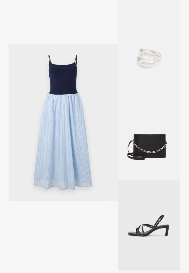 Šaty bez rukávov s priliehavým námorníckym topom a voľnou svetlomodrou pruhovanou sukňou. Sukňa má vertikálne pruhy a nariasený pasek.; Čierne sandále na vysokom podpätku so štvorcovou špičkou a nízkym blokovým podpätkom. Obsahujú viacero tenkých popruhov a nastaviteľný členkový popruh. Vyrobené z hladkej kože.; Čierna kožená crossbody taška s hladkou textúrou, obdĺžnikovým tvarom a kovovým reťazovým detailom na prednej strane. Súčasťou je nastaviteľný popruh.; Strieborný prsteň s dvojitým pásikom s hladkým, lesklým povrchom. Má plynulý, zakrivený dizajn s prekryvajúcimi sa časťami pre moderný vzhľad.
