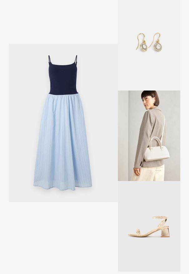 Be travailleratė su tvirtai prigludusia tamsiai mėlyna viršūne be rankovių ir lengvu šviesiai mėlynu dryžuotu sijonu. Sijonas turi vertikalias juosteles ir susirinkusią liemenį.; Aukso metalinis kulnas sandalai su kampiniu bloku, dviem dirželiais virš pėdos ir reguliuojamu kulkšnies dirželiu. Lygus paviršius.; Balta struktūruota rankinė su trumpomis rankenomis ir peties diržu, su auksinėmis detalėmis ir tekstūruota medžiaga, pastatyta prieš pilką foną.; Aukso spalvos auskarai su ovalo formos skaidriais kristalais, apjuostais mažesniais skaidriais akmenukais, su kabliuko dizainu, užtikrinančiu saugų dėvėjimą.