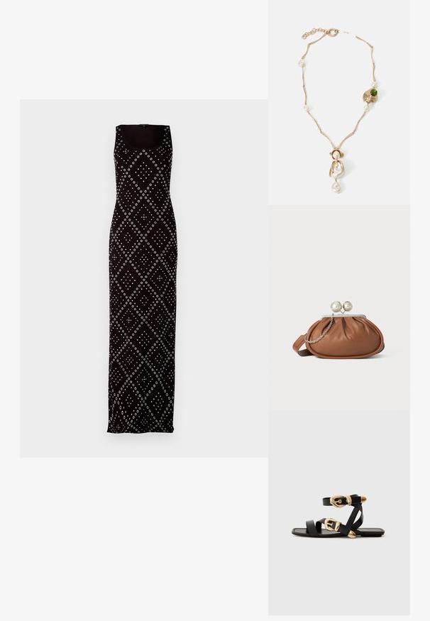 Čierne maxi šaty bez rukávov s bielymi kruhovými a diamantovými vzormi. Vyrobené z hladkej látky s priliehajúcou siluetou a srdcovým výstrihom.; Čierne kožené sandále so zlatými prackami, s viacerými pásikmi a plochou podrážkou pre otvorené nosenie.; Hnedá kožená kabelka s strieborným guľovým zapínaním a malým strieborným reťazom na bielom pozadí.; Zlatý náhrdelník s prepletenými článkami, bielymi perlami a akcentom z zelenej kamene. Obsahuje zložitú detailnú prácu a zapínanie na zámok.