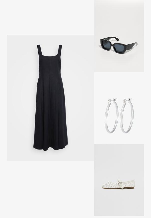 Sort linned maxi kjole med firkantet udskæring, brede skulderstropper og en svajende nederdel. Glat tekstur og minimalistisk design.; Hvide flade sko med spidse tæer, prydet med sølvnitter, har en spænde rem over vristen og en lys brun sål.; Store solbriller i sort med et geometrisk design, rektangulære linser og blank overflade. Ingen synlig branding foran.; Sølv hoop øreringe med en glat, poleret overflade. Rund form og sikker klik-lukning. Letvægtsdesign, der er velegnet til hverdagsbrug.