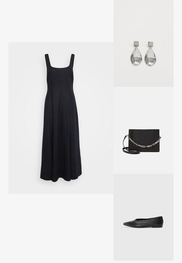 Črna lanena maksi obleka s kvadratnim izrezom, širokimi naramnicami in zračno krilo. Gladka tekstura in minimalističen dizajn.; Črne usnjene balerinke, koničast toe, minimalističen dizajn, gladka tekstura, nizka peta, brez vidnih kovinskih delov ali okraskov.; Črna usnjena torba čez ramo z gladko teksturo, pravokotno obliko in kovinskim verižnim detajlom spredaj. Vključena je nastavljiva naramnica.; Srebrni uhani z kvadratnim studom, ki imajo gladko, polirano površino in obliko kapljice, ki odbija svetlobo z sijočo površino.