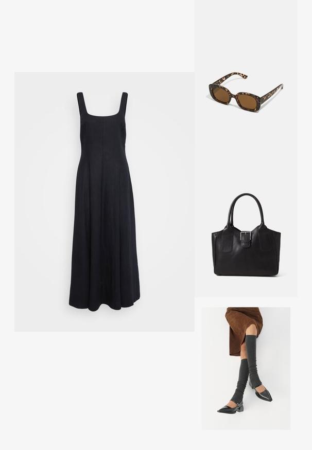 Svart linn maxi klänning med fyrkantig halsringning, breda axelremmar och en flödande kjol. Slät textur och minimalistisk design.; Svarta lackläderskor med spetsig tå, blockklack och ankelrem, i kombination med grå ribbade benvärmare och en brun mockakjol.; Sköldpaddsmönstrade solglasögon med en rund, kraftig ram och bruna linser. Har subtila mönster och raka, avsmalnande skalmar.; Svart läder tote-väska med slät yta, strukturerad form, två handtag och en framträdande silverfärgad spänne på framsidan.
