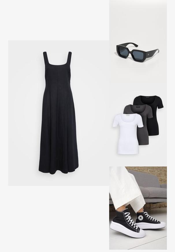 Robe maxi en lin noir avec un décolleté carré, des bretelles larges et une jupe fluide. Texture lisse et design minimaliste.; Trois T-shirts ajustés en blanc, gris et noir. Chacun présente un décolleté large et des manches courtes. Fabriqués en tissu lisse et extensible.; Baskets montantes noires avec semelles et lacets en caoutchouc blanc. Dotées d'un patch logo rond et de surpiqûres blanches contrastantes. Matière en toile.; Lunettes de soleil noires surdimensionnées avec un design géométrique, des verres rectangulaires et une finition brillante. Pas de marquage visible à l'avant.