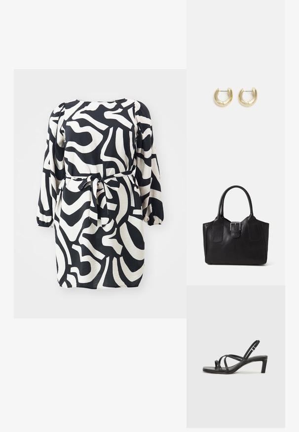 Crna i bijela haljina s dugim napuhanim rukavima, prilagođenim pojasom i apstraktnim valovitim uzorkom; glatka tkanina s ležernim krojem.; Crne sandale s trakama, kvadratnim prstom i niskom blok petom. Ima više tankih trakica i podesivu trakicu oko gležnja. Izrađene su od glatke kože.; Crna kožna torba za nošenje s glatkom teksturom, strukturiranim oblikom, dvije ručke i istaknutim srebrnim kopčanjem na prednjoj strani.; Zlatne okrugle naušnice s glatkom, sjajnom završnom obradom. Imaju polukružni oblik i sigurni sistem kopčanja na post.