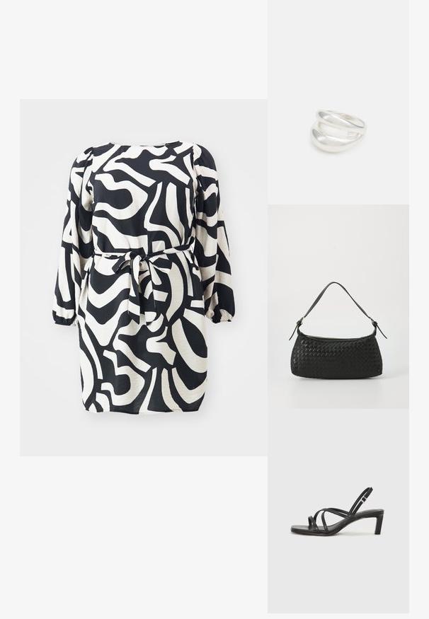 Melnā un baltā kleita ar garām pūkainām piedurknēm, pieguļošu jostas saitīti un abstraktu viļņu rakstu; gluda auduma, ar brīvu piegriezumu.; Melnas strappy sandales ar kvadrātveida purngaliem un zemu bloku papēdi. Ievērojamas ar vairākiem plāniem siksniņām un regulējamu potītes siksniņu. Izgatavotas no gludas ādas.; Melns austs plecu soma ar gludu ādas siksnu un rāvējslēdzēja aizdari. Iezīmējas ar teksturētu virsmu un izliekumu.; Sudraba divu joslu gredzens ar gludu, pulētu virsmu. Iezīmējas ar plūstošu, izliekta dizaina struktūru ar pārklājošām sekcijām modernam izskatam.