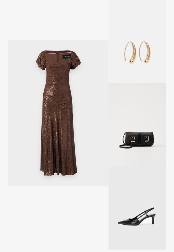 Hnedé maxi šaty so zapínaním na zips v zadnej časti, s priliehavým telom a balónovými rukávmi. Majú štvorcový výstrih a hladký povrch.; Čierne patentové slingback topánky na ihlovom podpätku s špicatou špičkou, s textúrovaným hadím vzorom, nastaviteľným popruhom a krátkym, textúrovaným blokovým podpätkom.; Čierna kožená crossbody taška s dvoma prednými vreckami, zlatými sponami, zipsovým uzatváraním a úzkym popruhom. Štruktúrovaný povrch a kompaktný obdĺžnikový tvar.; Náušnice vo forme zlatých kovových kruhov s zakriveným, predĺženým tvarom. Majú hladký, lesklý povrch a zaoblený koniec pre pridanie detailu.