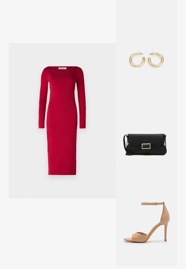 Punane, pikkade varrukatega, keha lähedalt istuv kleit ruudukujulise kaelusega ja pahkluuni ulatuva seelikuosaga; valmistatud siledast kangast, millel ei ole nähtavaid mustreid ega kaunistusi.; ALDO CRERIDE PILLOW WALK - Sandaalid - beige; Must haben musta nahkklahviga kott, millel on klapp ja kuldne metallist pandla detail. Kaasas must rihm ja stiilne, minimalistlik disain.; Kuldne rõngassõrmused sileda ja läikiva viimistlusega. Ringikujuline disain, millel on väike post ja selge tagumine külg, et tagada kindel kandmine.