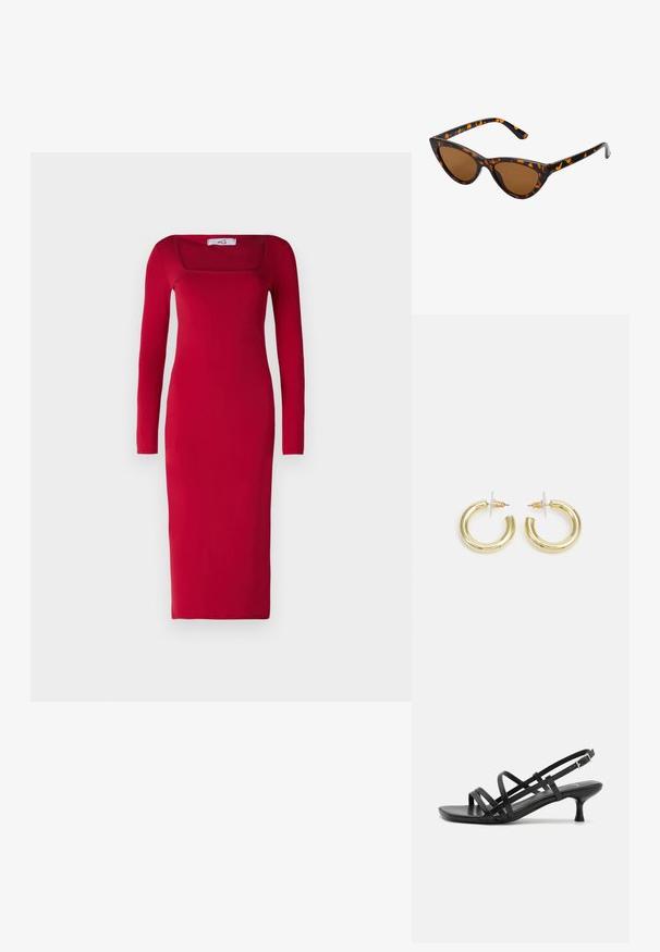 Crvena, dugih rukava, pripijena haljina sa kvadratnim izrezom i suknjom do članka; napravljena od glatkog materijala bez vidljivih uzoraka ili ukrasa.; Crne sandale na visokoj potpetici s višestrukim križnim trakama. Glatki materijal, šiljati vrh i uska peta. Podesiva traka oko gležnja s kopčanjem.; Sunglasses u obliku mačjih očiju s okvirom u crno-narančastom kornjačevom uzorku, smešnim lećama i elegatnim, šiljastim vrhovima. Sadrži minimalni logo na dršci.; Zlatne kružne naušnice s glatkom, sjajnom završnom obradom. Kružni dizajn s malom potporom i prozirnom podlogom za sigurno nošenje.