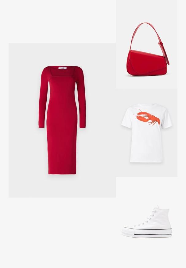 Sarkans, garām piedurknēm, pieguļošs kleita ar kvadrātveida dekoltē un kāju garuma svārkiem; izgatavots no gluda auduma bez redzamām rakstu vai rotājumiem.; Balta kokvilnas T-krekls ar lielu, spilgti sarkanu omāru grafiku uz priekšu. Īsas piedurknes un standarta apļveida kakla dizains.; Balti augstie kanvas sporta apavi ar melnu gumijas zoli, priekšējo gumijas purngalu un sešām acīm lencēm, kuriem ir tīrs, minimālistisks dizains.; Sarkans ādas rokassomi ar stūrainu, ģeometrisku dizainu. Iekļauj vienu regulējamu siksnu un vāku ar izšūtu detaļu.