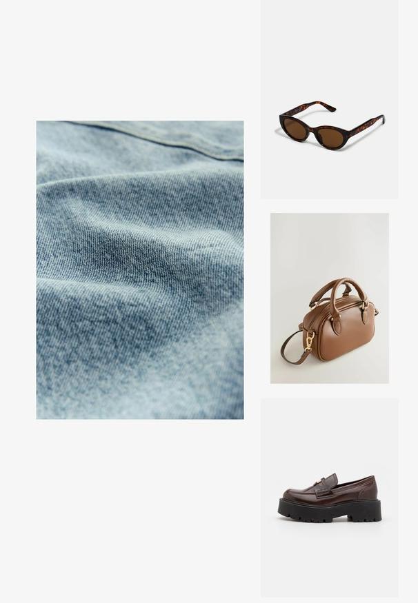 Tissu en denim bleu clair avec une texture subtile et un motif de tissage visible, montrant de légères variations de couleur et de douceur.; Madden Girl CALISTA - Chaussons - brown; Lunettes de soleil en écaille de tortue marron avec une forme vintage de lunettes cat-eye et des verres marron. Présente des branches courbées avec des accents rouges.; Next BOWLER CHARM - Sac à main - tan brown