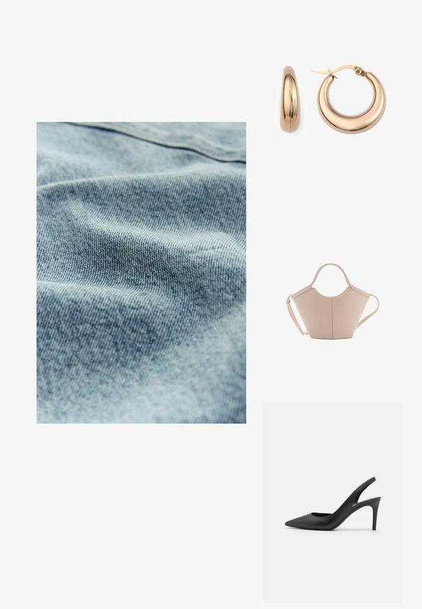 Lyseblå denimstof med en subtil tekstur og synligt vævemønster, der viser let variation i farve og blødhed.; Sorte læder slingback høje hæle med spids tå-design, der har en udskæring fortil og en tynd stiletto-hæl.; Lysebrun læderhåndtaske med en unik form, featuring to korte håndtag og et langt justerbart rem. Glat tekstur med minimal hardware.; Rosaguld hoopsøreringe med et glat, afrundet design, der har en hængsel-lukning og en poleret overflade for en reflekterende finish.