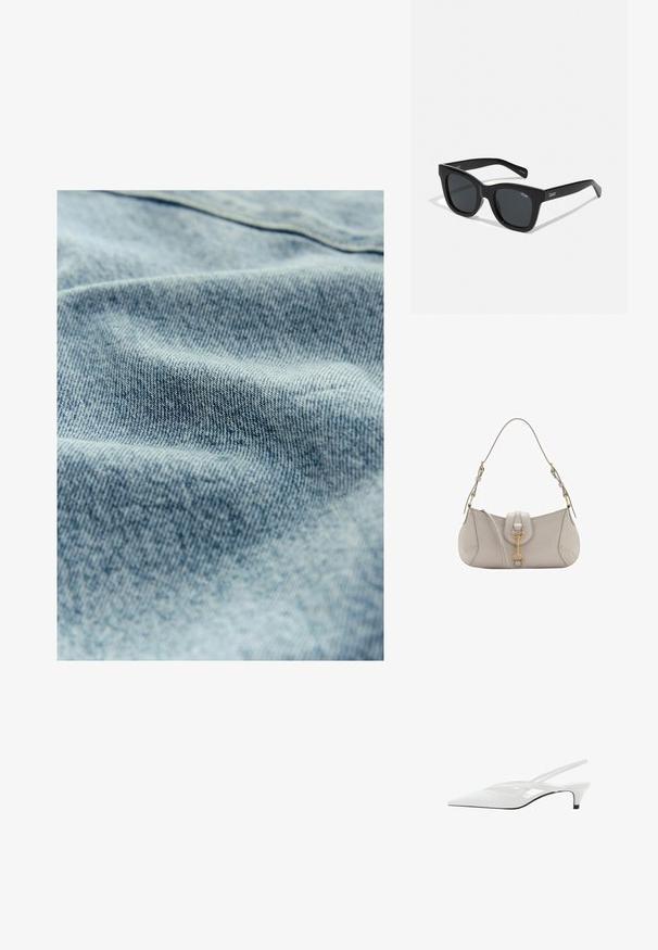Lyseblå denimstof med en subtil tekstur og synligt vævemønster, der viser let variation i farve og blødhed.; Hvide slingback hæle med spids tå, der har en glat overdel, subtile udskæringer og en lav blokhæl. Den sorte sål fremhæver designet.; Sorte rektangulære solbriller med en glat plastikramme og mørke glas. "QUAY" logo på siden i hvid. Minimalistisk design.; Lys grå lædertaske med en buet form, guldhardware, en lås foran og syede detaljer. Justerbar skulderrem inkluderet.