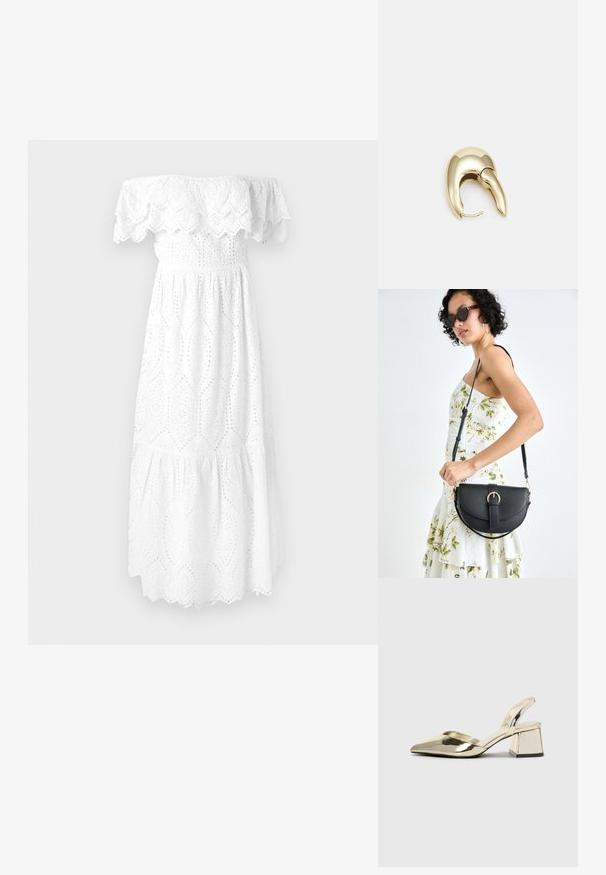 Bela obleka brez naramnic z valovitimi čipkastimi robovi, izvezenim očesnim vzorcem in večplastnim, zračnim krilom. Mehko bombažno blago.; Zlati, kovinski slingback čeveljci z ostrim nosom in masivnim peto. Gladka tekstura, minimalistična zasnova in ozka zanka.; Črna usnjena torbica s ukrivljeno obliko, z odstranljivo naramnico in zlatimi dodatki. Torbica ima pokrov s podrobnostmi v obliki zaponke.; Uhane nakit iz zlatastega tona z gladko, ukrivljeno zasnovo. Ima edinstveno koničasto obliko, polirano površino in zaponko s tečajem.