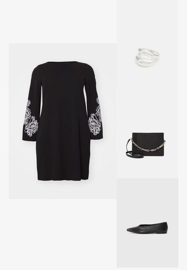 Vero Moda Curve VMCGIRA czarny; Czarne baleriny z lakierowanej skóry, spiczasty nosek, minimalistyczny design, gładka faktura, niskie obcasy, bez widocznych elementów metalowych czy ozdób.; Czarna skórzana torebka typu crossbody z gładką teksturą, prostokątnym kształtem oraz metalowym detalem w postaci łańcuszka z przodu. W zestawie regulowany pasek.; Srebrna obrączka podwójna z gładką, polerowaną powierzchnią. Posiada płynny, zakrzywiony kształt z nakładającymi się sekcjami, co nadaje nowoczesny wygląd.