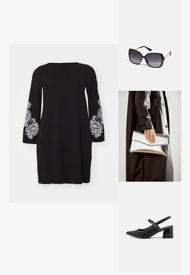 Vero Moda Curve VMCGIRA SHORT DRESS - Dzsörzéruha - black/white; Fekete lakk bőr, pántos magassarkú cipő, hegyes orral, lekerekített kivágással és tömbsarkal. Arany színű csat díszíti.; Fekete, oversize napszemüveg fokozatos árnyalatú lencsékkel, vastag kerettel és arany színű lánc díszítéssel a szárakon.; Ezüst fém clutch, szögletes borítékszerű kialakítással, sima felülettel és kontrasztos belső színnel, amelyet egy fekete kabátot viselő kéz tart.