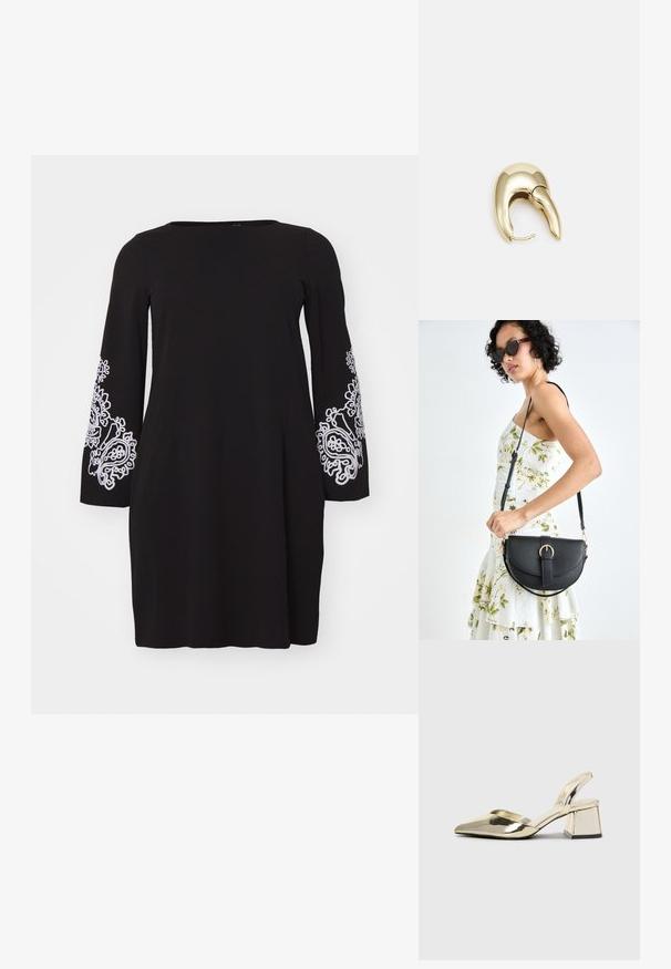 Vero Moda Curve VMCGIRA SHORT DRESS - Rochie din jerseu - black/white; Pantofi cu toc slingback metalici aurii, cu vârf ascuțit și toc chunky. Textură netedă, design minimalist și o curea subțire.; Geantă din piele neagră, cu o formă curbată, curea detașabilă și accesorii aurii. Geanta are un capac cu un detaliu tip cataramă.; Cercei din metal de culoare aurie cu un design elegant și curbat. Prezintă o formă distinctivă, ascuțită, o suprafață lustruită și un sistem de închidere cu balama.
