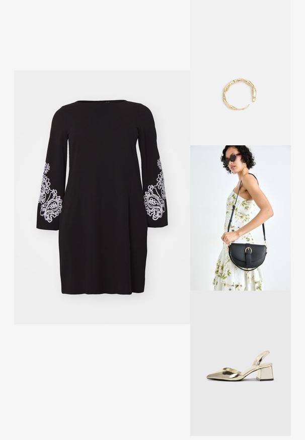 Vero Moda Curve VMCGIRA SHORT DRESS - Džersio suknelė - black/white; Auksiniai, metaliniai slingback aukštakulniai bateliai su smailiu pirštu ir masyviu kulnu. Lygus paviršius, minimalizmo dizainas ir siaura juostelė.; Juodas odinis krepšys su išlenkta forma, nuimamu dirželiu ir auksiniais detalėmis. Krepšys turi kilpą su sagtimi.; Auksinės spalvos žiedas, turintis organišką, sukimosi dizainą su lygiu paviršiumi ir siaurėjančiais galais, sukuriantis modernią skulptūrinę išvaizdą.