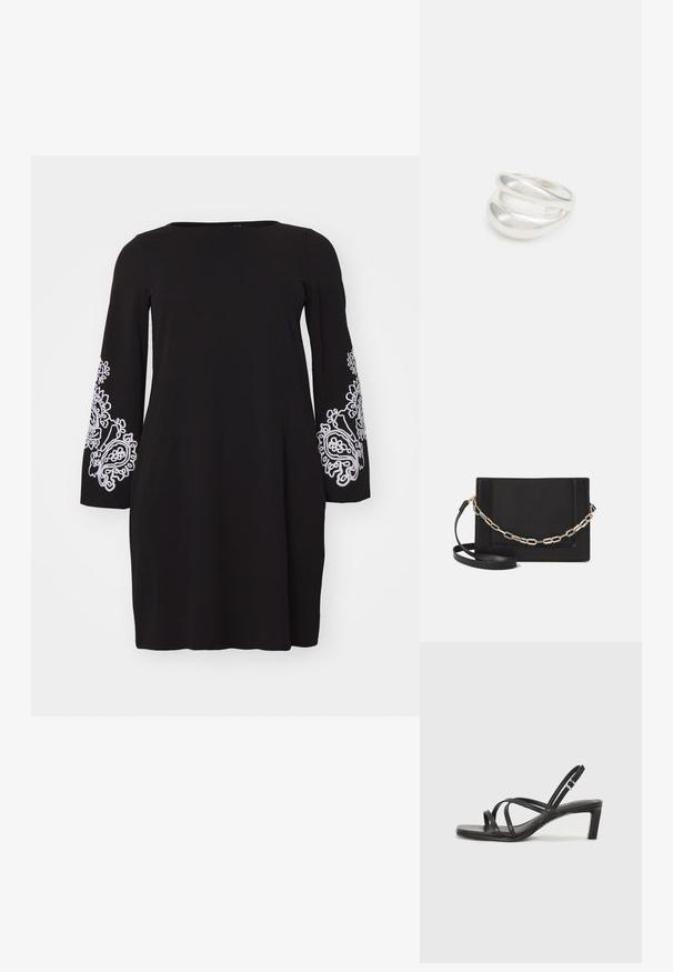 Vero Moda Curve VMCGIRA czarny; Czarne sandały na obcasie z prostokątnym noskiem i niskim słupkowym obcasem. Posiadają wiele cienkich pasków i regulowany pasek na kostkę. Wykonane z gładkiej skóry.; Czarna skórzana torebka typu crossbody z gładką teksturą, prostokątnym kształtem oraz metalowym detalem w postaci łańcuszka z przodu. W zestawie regulowany pasek.; Srebrna obrączka podwójna z gładką, polerowaną powierzchnią. Posiada płynny, zakrzywiony kształt z nakładającymi się sekcjami, co nadaje nowoczesny wygląd.