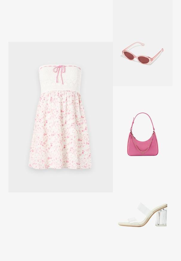 Strumpebandslös blommig klänning med en vit virkade överdel och rosa knytning, samt en lätt kjol med rosa blommönster på en ljus bakgrund.; Klart klackade sandaler med genomskinliga remmar, en beige fotbädd och en chunky klar blockklack. Snygg och slät design med en minimalistisk estetik.; Rosa transparenta solglasögon med ovala linser, mörkröd toning och smala bågar, med en mjuk yta och subtila detaljer på ramen.; Rosa syntetisk axelväska med en böjd form, slät yta, avtagbar kedjesnodd och en cirkulär logotypdetalj på framsidan.