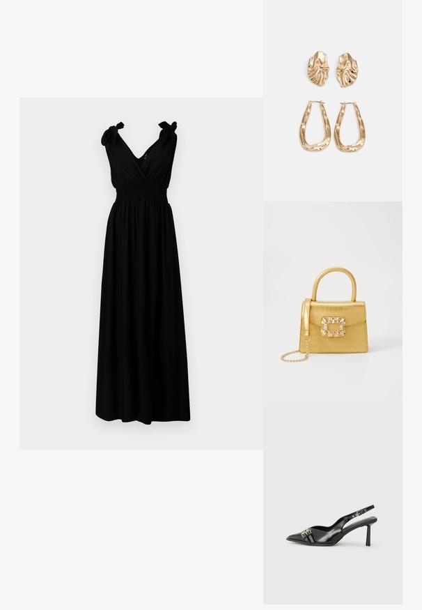 Vestido maxi preto com cintura franzida, decote em V e alças nos ombros. O tecido parece suave e fluido, adequado para uso casual.; Sapato slingback preto em pele patentada com bico apontado, tiras no tornozelo apresentando fivelas e acessórios prateados, e um salto elegante.; Bolsa amarela em pele de crocodilo falsa, com um design estruturado, pega no topo, alça de corrente removível e decoração de cristal no fecho.; Brincos em tom de ouro com formas onduladas e texturizadas. Inclui studs escultóricos com presilha e um design de argola aberta com um acabamento martelado.