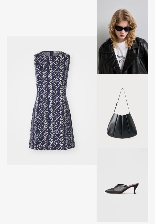 Robe sans manches en tissu bleu marine avec un motif en zigzag crème, dotée d'un col rond et d'une fermeture éclair au dos. Silhouette en A.; Mule en mesh noir avec un bout pointu, de fines lanières et un talon stiletto de 3 pouces. Présente une texture transparente et une semelle tonale solide.; Lunettes de soleil noires au design angulaire et épuré. Le mannequin porte une veste en cuir noire sur une chemise blanche avec du texte imprimé, sur fond neutre.; Sac à épaule en cuir noir avec un design plissé, texture lisse, une seule sangle et un subtil accent en doré.