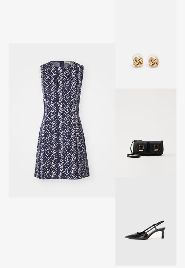 Ärmlös klänning i marinblått tyg med ett krämfärgat zigzag-mönster, rund halsringning och dragkedja i ryggen. A-linjeformad silhuett.; Svart lackskin slingback-häl med spetsig tå, med texturerad ormskinnsprint, justerbar rem och en kort, texturerad blockklack.; Svart läderaxelväska med två framfickor, guldspännen, dragkedjestängning och en smal rem. Texturerad yta och kompakt rektangulär form.; Orrhängen i guldton med en knutdesign. Varje örhänge har en cirkulär klar baksida för säker användning.