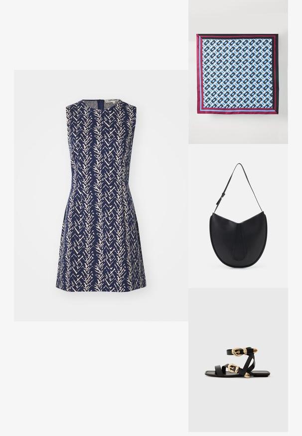 Ujjatlan ruha tengerészkék anyagból, krémszínű zig-zag mintával, kerek nyakkivágással és hátsó cipzárral. A vonalú sziluett.; Fekete bőr szandál arany csattal, több hevederrel és lapos talpú dizájnnal, nyitott lábujjú viselethez.; Selyem sál, amelyen kék és fekete mintázat ismétlődik fehér háttéren, a szélek mentén bordó és kék csíkokkal keretezve.; THEMOIRè TIKE - Kézitáska - black