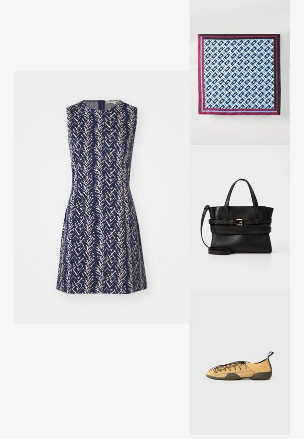 Robe sans manches en tissu bleu marine avec un motif en zigzag crème, dotée d'un col rond et d'une fermeture éclair au dos. Silhouette en A.; Chaussure en daim jaune à lacets avec semelle en caoutchouc vert foncé et onglet au talon, présentée de côté sur un fond gris clair.; Foulard en soie présentant un motif répétitif bleu et noir sur fond blanc, encadré de rayures bordeaux et bleues le long des bords.; Sac à main en cuir noir avec un design structuré, deux poignées supérieures, une bandoulière amovible et un accent de boucle dorée sur une bande horizontale.
