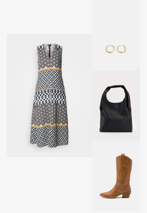 Vestido hecho de tela con una mezcla de patrones geométricos en navy, blanco y amarillo. Diseño sin mangas con detalle de cremallera en la parte posterior.; Bota de vaquero de cuero marrón claro con punta afilada, patrones de espiral bordados en el tubo y un tacón bloque apilado. Cuenta con una pestaña de agarre para facilitar su uso.; Bolso de mano de cuero negro con una gran abertura superior y una sola correa para el hombro. Textura suave, diseño minimalista, con detalles sutiles de herrajes.; Pendientes de aro de oro con forma irregular y texturizada. Presentan un cierre sin costuras y un acabado pulido, destacando un diseño moderno.