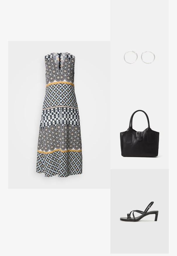 Suknelė, pagaminta iš audinio, su įvairiais geometriniais raštais tamsiai mėlynos, baltos ir geltonos spalvų. Be rankovių dizainas su užtrauktuku nugaros pusėje.; Juodi šlepetės su kvadratiniu pirštu ir žemu bloku kulnu. Yra keli ploni dirželiai ir reguliuojamas kulkšnies diržas. Pagaminti iš lygios odos.; Juodas odinis nešiojamas krepšys su lygiu paviršiumi, struktūrine forma, dviem rankenėlėmis ir ryškiu sidabriniu sagties akcentu priekyje.; Sidabrinės auskarai žiedai su sėslia, apvalia forma, pasižymintys lygia paviršiumi ir be matomų puošmenų. Svoris nenurodytas.