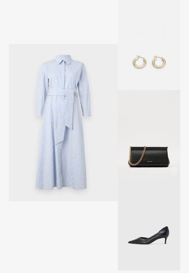 iBlues EBANO - Paitamekko - azzurro intenso; Musta nahkainen avokärkinen korkokenkä, jossa on matala korko. Kenkä on sileäpintainen ja siinä on himmeä kiilto. Edessä on avoin leikkaus, joka lisää yksityiskohtaisuutta.; Musta nahkainen clutch-laukku, jossa on kultaketju, sileä pinta, suorakulmainen muoto ja kohokuvioitu brändimerkintä edessä.; Lauren Ralph Lauren BASIC SMALL HOOP - Korvakorut - gold-coloured
